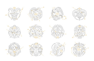 set of twelve constellations with zodiac symbols and constellations. gemini, pisces, aquarius and sa