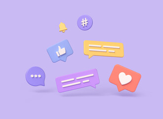 Poster - 3d notifications on speech bubbles, chat icons, thumbs up, hearts in cartoon style. the concept of communication in social networks. digital marketing. illustration on purple background. 3d rendering