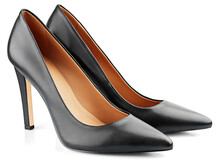 Black leather high heeled women shoes or Stilettos isolated on transparent background. Full Depth of Field