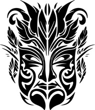 Vector Tattoo Of A Polynesian God Mask In Black And White.