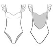 Ruffle Shoulder Bodysuit. Swimsuit technical fashion illustrations. style no.2. Flat bodysuit template front view, back view, white color style. Women, underwear CAD mockup.