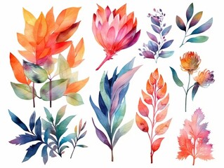 Wall Mural - Watercolour floral of set. Watercolor Flower leaves collection - for bouquets, wreaths, wedding invitations, anniversary, birthday, postcards, greetings. generative ai