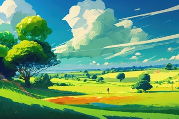 Vibrant anime styled image of rural scene. Generative AI