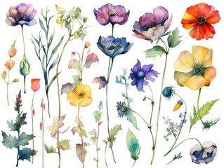 Wall Mural - Watercolour floral of set. Watercolor Flower leaves collection - for bouquets, wreaths, wedding invitations, anniversary, birthday, postcards, greetings. generative ai