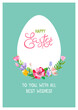 Happy Easter flower egg vector illustration. Trendy Easter design with typography and spring flowers in soft colors for banner, poster, greeting card.
