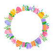 Happy Easter vector illustration. Trendy Easter design with wreath, eggs and spring flowers in soft colors for banner, poster, greeting card.