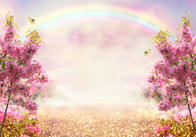Fantasy Fairy Tale Forest With Blooming Pink Apple Tree Garden And Rainbow In Sky, Enchanted Road Path With Luminous Solar Reflection Sparkles And Flying Butterflies, Nature Landscape Background.