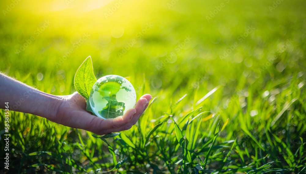 Hand holding glass Earth globe in green grass. Earth Day environment ...