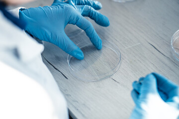 Aufkleber - Medical science laboratory with biotech scientist developing medicine, female biochemist working at computer in pharmaceutics. Research of medical analyzes and experiments. Rear and side view Shot
