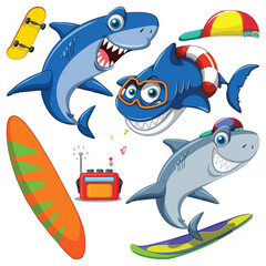 Wall Mural - set of sea creatures cartoon character in summer