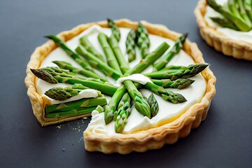 Poster - Asparagus tart on thin shortbread dough with decoration along edge, created with generative ai