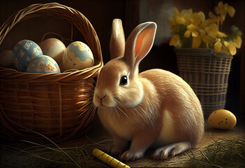 Wall Mural - easter bunny in basket Generative AI technology.