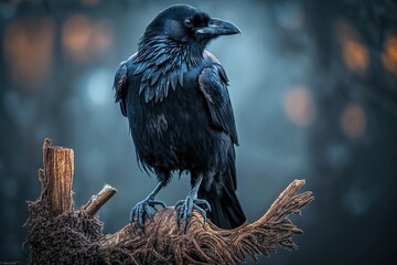 A large raven perches atop a branch, its black feathers and sharp beak making it stand out in the wildlife. Ai generated.