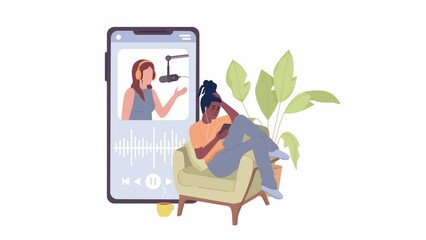 Fototapete - Animated enjoying podcast listening. Watching female streamer on mobile phone. 2D cartoon flat character 4K video footage on white with alpha channel transparency. Concept animation for web design