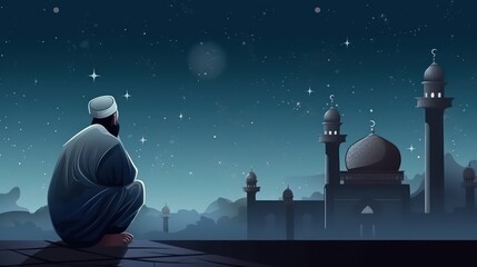 Wall Mural - muslim old man praying on a mosque with starry and crescent moon moon night. Generative AI