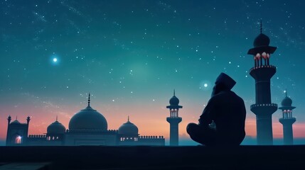 Wall Mural - muslim old man praying on a mosque with starry and crescent moon moon night. Generative AI