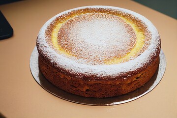 Wall Mural - Large round golden banana cake sprinkled with white powdered sugar, created with generative ai