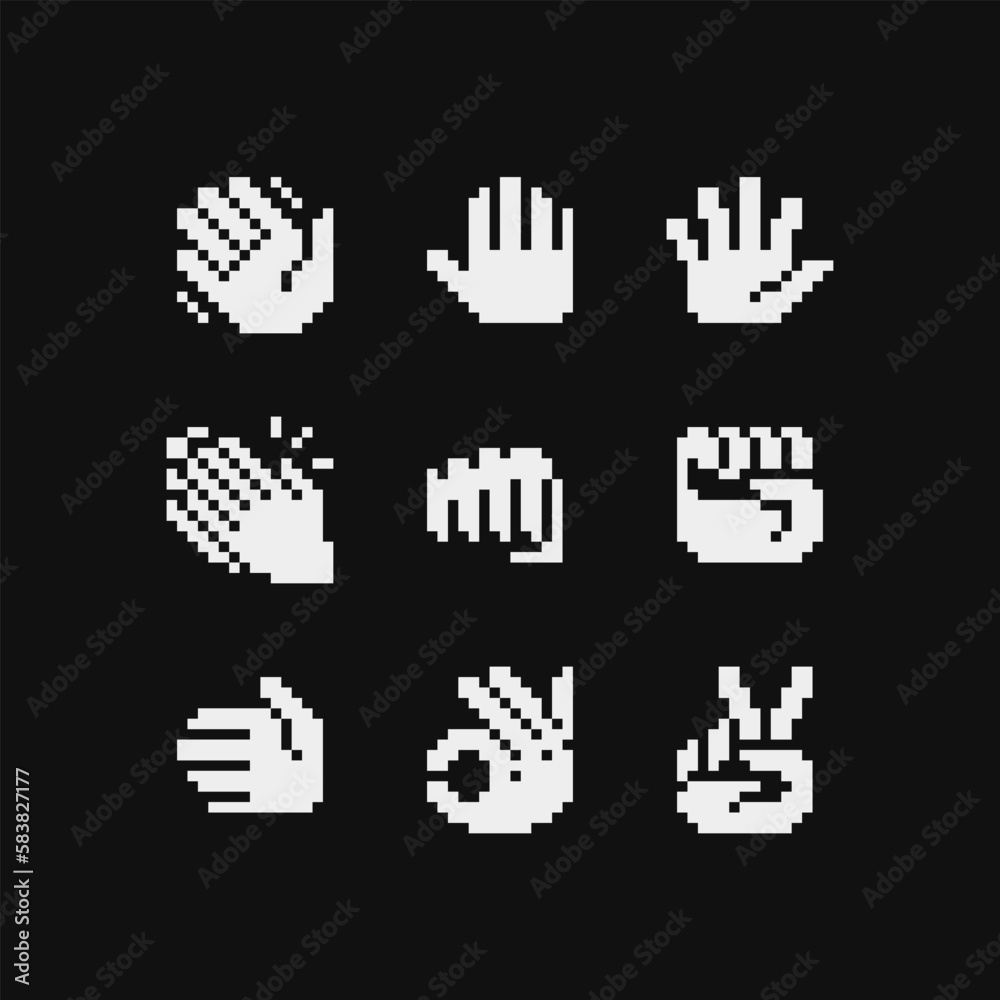 Hand pose pixel art icons set, handshake, raised fist. Ok hand. Video ...