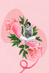 Poster - Vertical collage picture of impressed mini black white effect girl sit huge cable telephone read book fresh flowers isolated on pink background