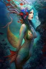  beautiful mermaid rises from the sea Generative AI