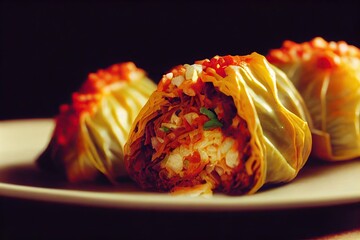 Wall Mural - Appetizing stuffed cabbage rolls with tomato sauce and juicy meat filling, created with generative ai