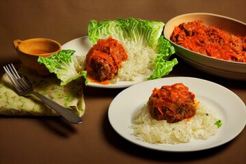 Wall Mural - Beautiful orange stuffed cabbage rolls with tomato sauce and herbs, created with generative ai