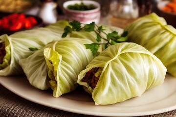 Wall Mural - Homemade stuffed cabbage rolls in gently green leaves of cooked cabbage, created with generative ai