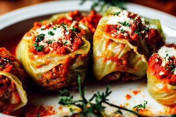 Wall Mural - Traditional homemade stuffed cabbage rolls with carrot and tomato sauce, created with generative ai