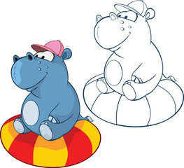 Sticker - Vector Illustration of a Cute Cartoon Character Hippo for you Design and Computer Game. Coloring Book Outline Set