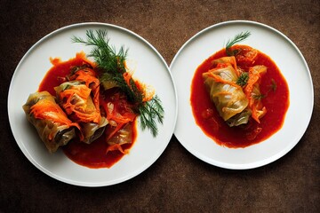 Wall Mural - White plates with portion of stuffed cabbage rolls in bright tomato sauce, created with generative ai