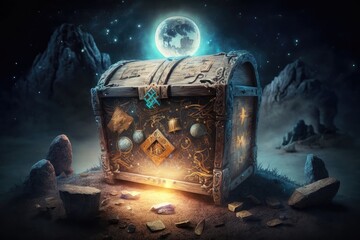 treasure chest on the moon decorated with magic signs and runes, created with generative ai