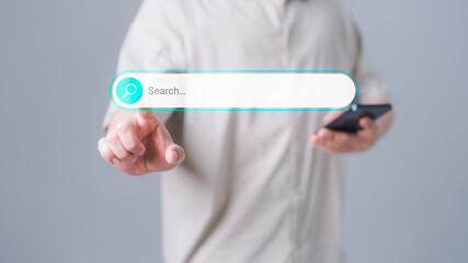 Poster - Information Search Technology SEO Search Engine Optimization. Search button on virtual screen pressed with finger for data and information. Using Search Console with your website. Web search concept.