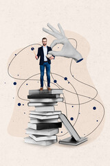 Vertical collage picture of big black white effect arm hold mini teacher man stand pile stack book isolated on drawing background