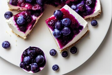 Poster - Cut pieces of sweet cheesecake with blueberries in berry sauce, created with generative ai