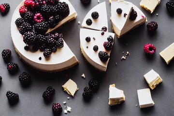 Poster - Delicious delicious cheesecake with blackberries and raspberries on plate, created with generative ai