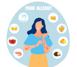 Vector of a woman having a food allergy symptoms, skin rash