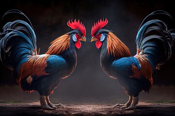 Wall Mural - two fighting roosters stand on ground in preparation for cockfights, created with generative ai