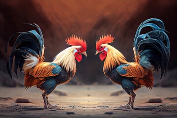 Wall Mural - two fighting roosters stand on ground in preparation for cockfights, created with generative ai