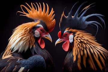 Wall Mural - two fighting roosters peck each other's head in cockfights, created with generative ai