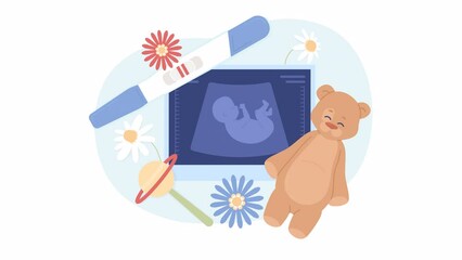 Poster - Animated baby boy ultrasound. Pregnancy preparation. Toys, test. Flat 2D composition 4K video footage. Color isolated animation with alpha channel transparency for web design, website, social media