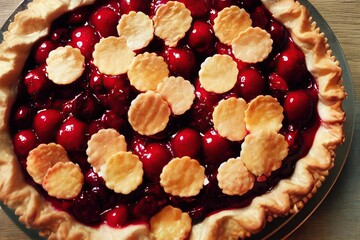 Sticker - Homemade soft cherry pie with red cherry berries and golden flakes, created with generative ai