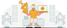 .Man With Laptop And Satellite Dish For IoT, Vector Styled To Look Modern.