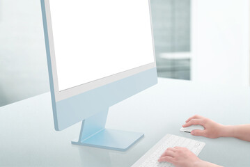 Aufkleber - Work on computer with isoalted screen for design presentation, mockup. Hands hold the mouse and type on the keyboard. Clean office desk. Close-up
