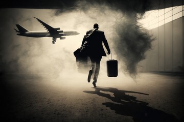 Wall Mural - businesman rushing to his flight, briefcase in hand, created with generative ai