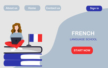 Learn French Online Landing Page Template. Female Siting On The Book And Studying French Online At The Notebook. Cartoon People Vector Illustration. Vector Illustration