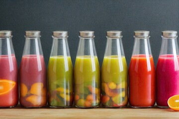 Poster - Narrow bottles with healthy detox juice with pieces of fruits and vegetables, created with generative ai