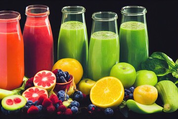 Poster - Long narrow glasses with healthy cocktail of detox juice with citrus and berries, created with generative ai