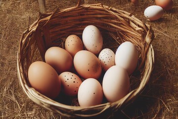 Poster - Fresh white and brown eggs lying in round basket, created with generative ai