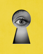 Hidden Secrets. Female Eye Attentively Looking Into Keyhole Against Yellow Background. Contemporary Art Collage. Conceptual Design. Concept Of Creativity, Abstract Art, Imagination And Inspiration.