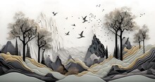 Black Trees With Colorful Marble Mountains In A Light Gray Background With White Clouds And Birds. 3d Mural Illustration Wallpaper Landscape Art